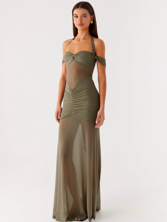 Peppermayo Dresses & Skirts - NWT Peppermayo Olive Green Off-Shoulder Halter Ruched Mesh Maxi Dress 6